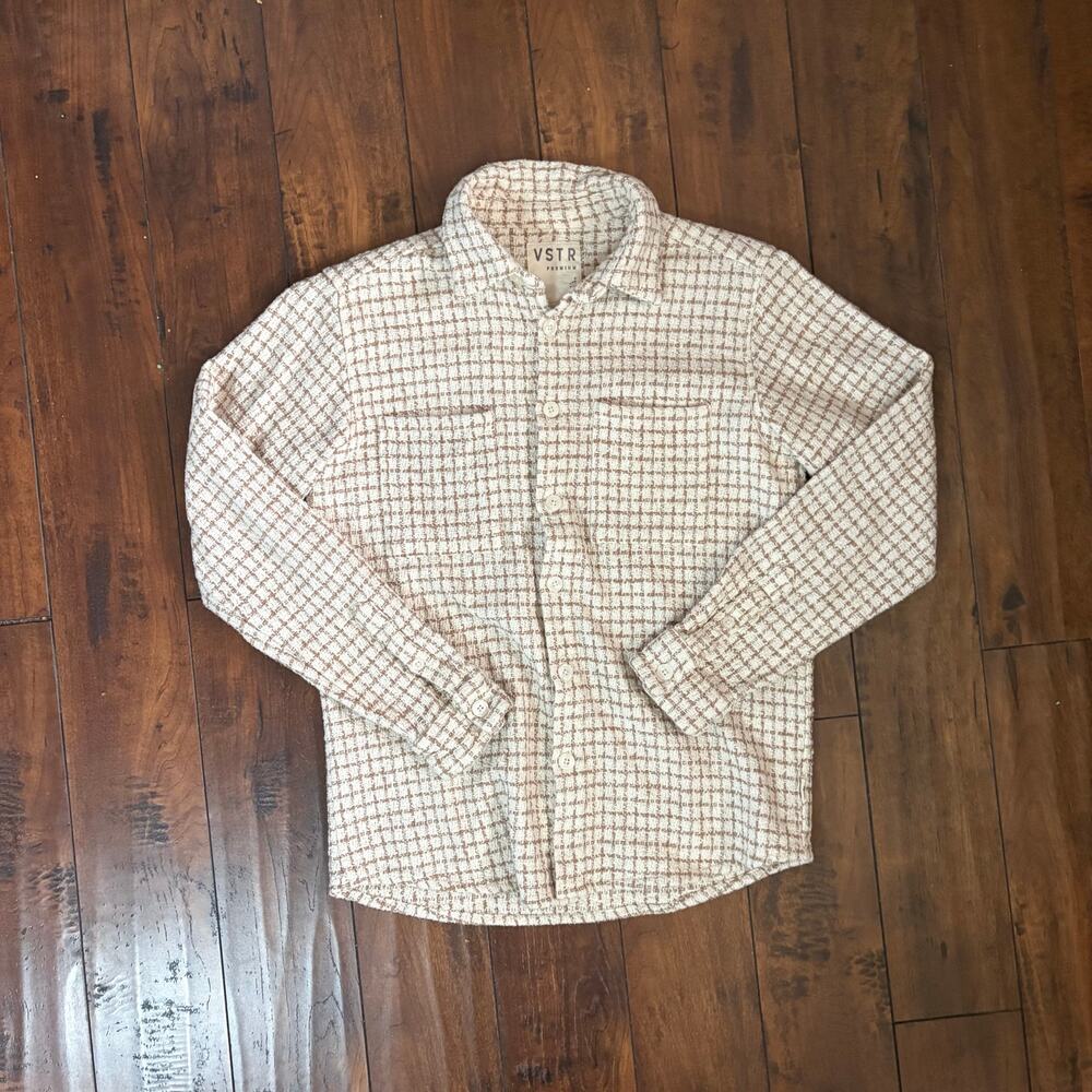 VSTR Premium Button Up Shirt Jacket Mens M White Grid Pattern Vintage Casual